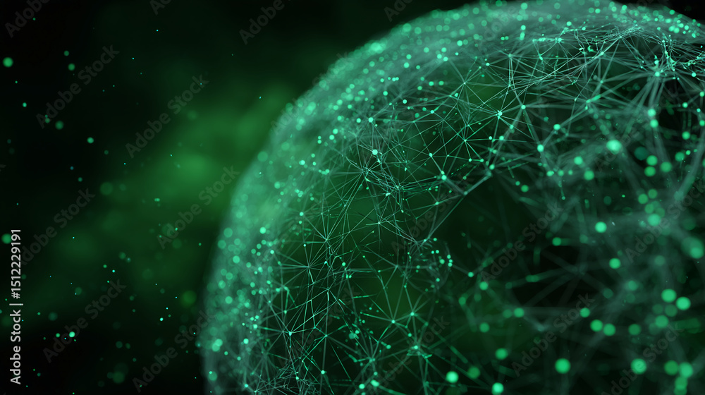 Poster abstract green sphere with interconnected nodes and particles, creating a network visualization, sym
