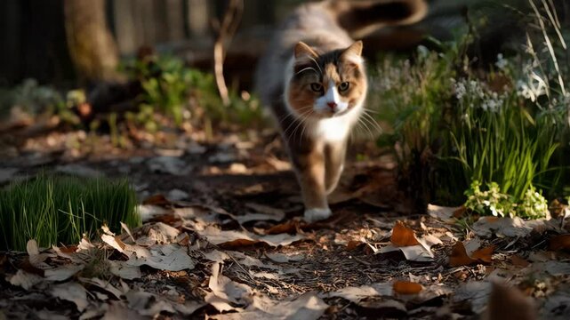 A fluffy tortoiseshell cat walking on a leaf covered path through a sun dappled forest with white flowers.
