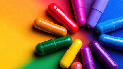 Colorful capsules arranged in a circular pattern on a vibrant rainbow background