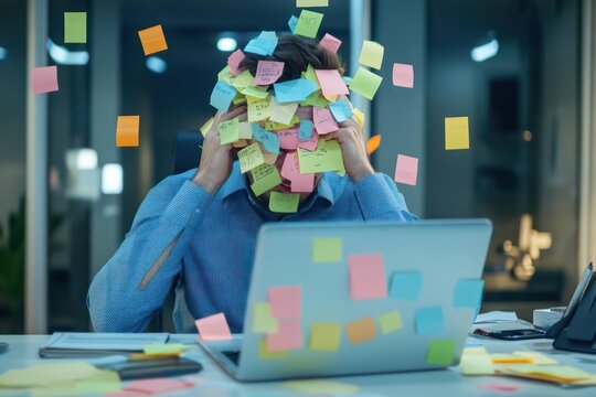 Office worker overwhelmed by sticky notes symbolizing work stress