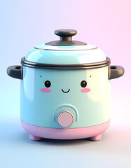 A stylized 3D render of a Rice Cooker with kawaii faces, done in toon shading
