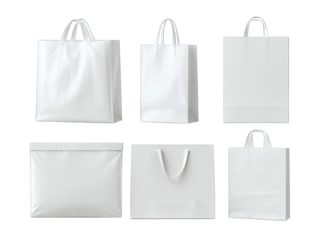 Six white reusable shopping bags in various shapes and sizes