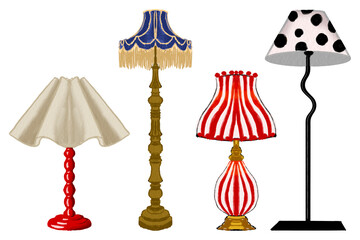 set of lamps and accessories Vintage lamp Hand drawn illustration on transparent background