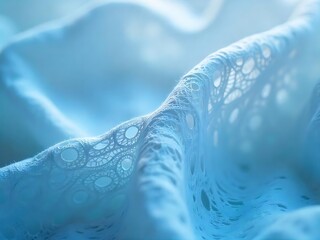 Delicate lace fabric draping softly in serene blue tones with intricate patterns illuminated by gentle light