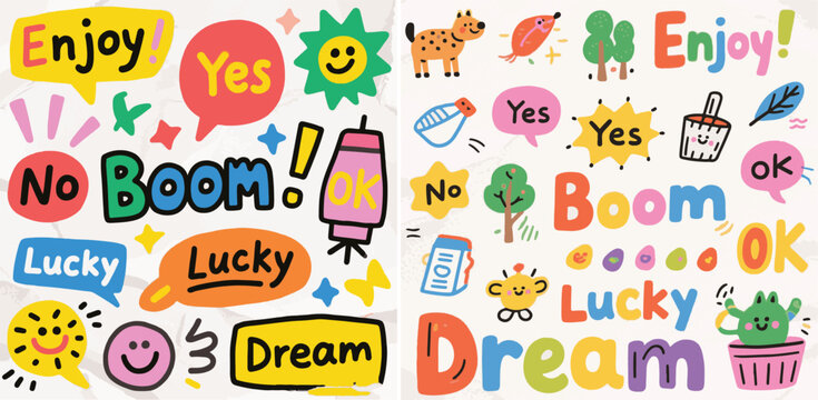 Two colorful collections of hand-drawn stickers and speech bubbles with words like "Enjoy", "Boom!", "Yes", and "Lucky", plus whimsical icons.