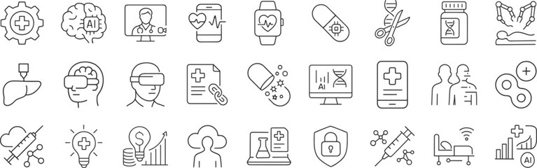 Futuristic healthcare technology and medical AI innovation concept vector illustration set. Line icons include robotics, biotechnology, data security and wearable devices for modern medicine.