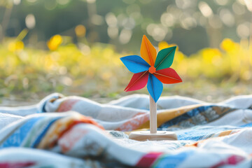 Colorful pinwheel on blanket in sunny field with bokeh background