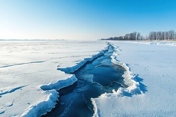 Cracked frozen lake revealing deep blue water under clear sky