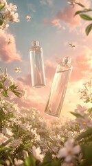 Perfume Bottles Floating in a Floral Dreamscape