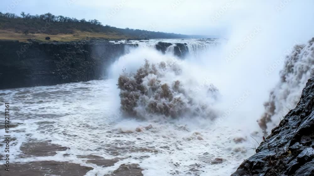 Poster a powerful waterfall crashes dramatically into a mist-filled gorge surrounded by rocky cliffs and sp
