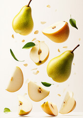 Obraz premium Whole and sliced pears appear to float against a light background, showcasing their fresh texture and natural beauty.