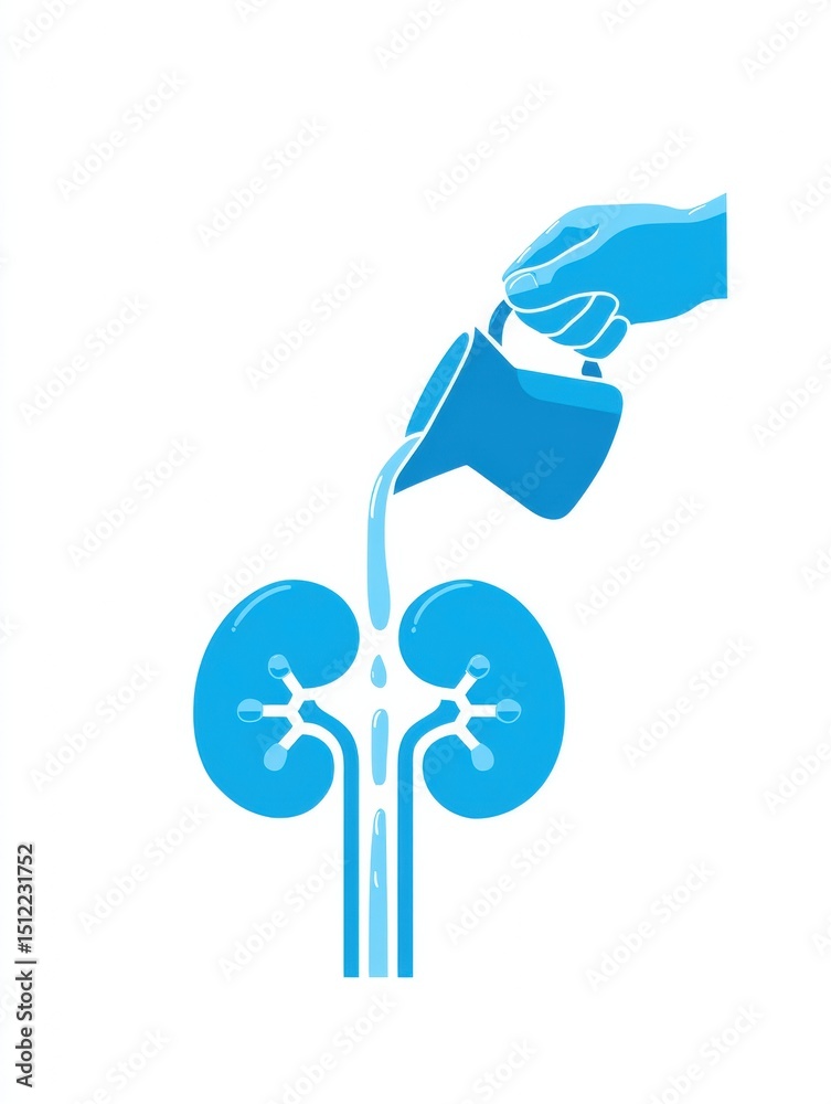 Poster hand pours water into a kidney icon representing hydration and organ function in a minimal design