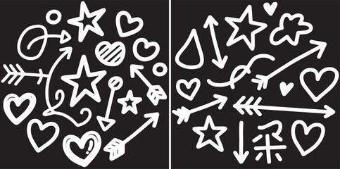 Two panels filled with white hand-drawn doodles on a black background, featuring various hearts, stars, arrows, and abstract swirls.
