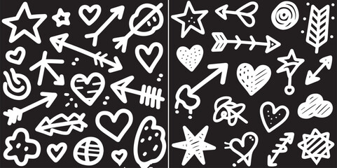
A dense collection of white hand-drawn doodles on a black background, featuring various hearts, stars, arrows, and abstract shapes in a chalk-like style.