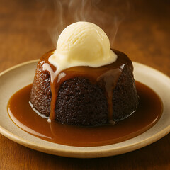A warm sticky toffee pudding topped with a scoop of vanilla ice cream. The dessert is served on a beige plate with a wooden background.