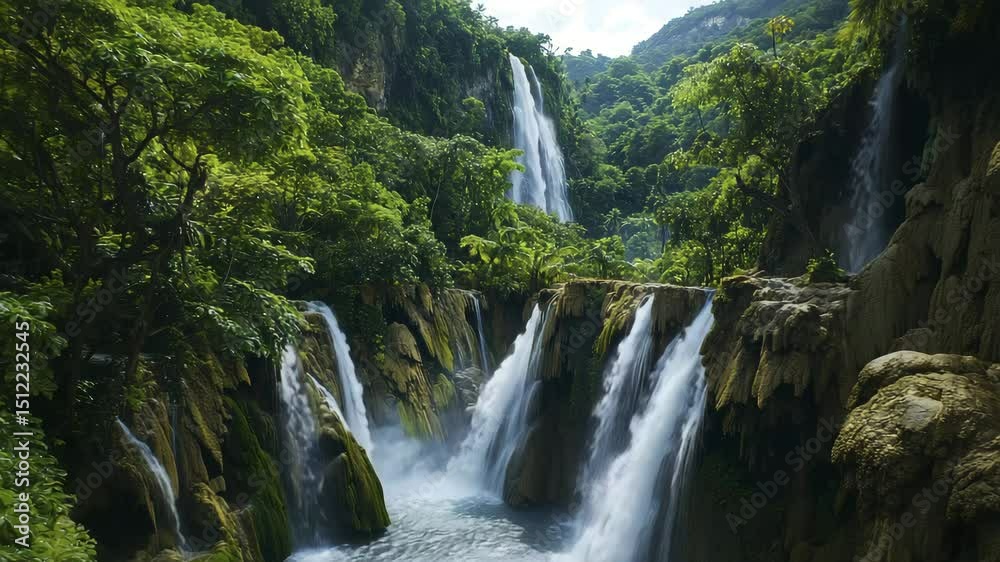 Poster multiple cascading waterfalls flow through lush green jungle, surrounded by dense tropical foliage a