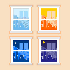 seasons window frame vector illustration with city view