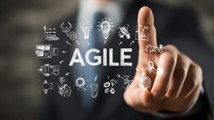 A businessman in a suit points at the word "AGILE" with various icons representing creativity, teamwork, and innovation surrounding it.