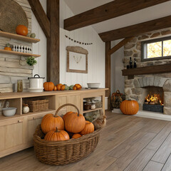 Pumpkins arranged on a kitchen floor beside a wooden cabinet.