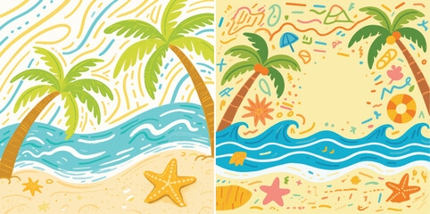 Fototapeta na wymiar Two vibrant, hand-drawn beach scenes feature palm trees, waves, starfish, and playful doodle elements, perfect for a summer vibe.