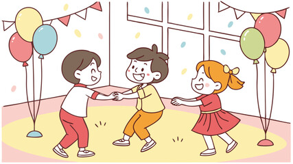 Fototapeta premium Children forming a conga line at a party, with balloons and sparkles around.