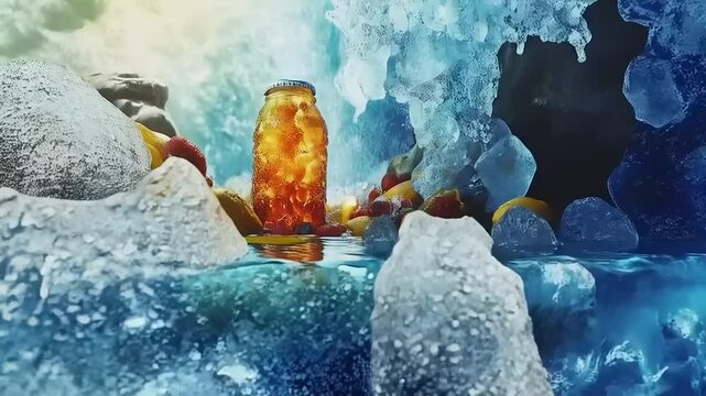 Invigorating elixir bottle with ice, waterfall and scattered colorful fruit