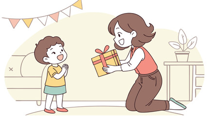 A sweet cartoon of a child giving a surprise present, celebrating the spirit of giving between close friends.