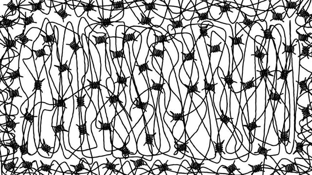 Looped 4K animation of black barbed wire twisting across a white background. Useful for visuals involving restriction, barriers, or danger.