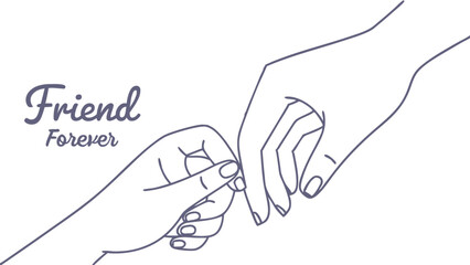 A minimal line-art drawing of two hands locked in a pinky promise, with the word forever embedded subtly in the background.