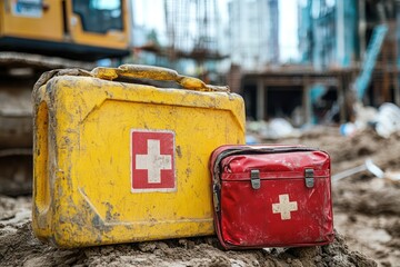Construction site safety gear with hard hat and red first aid kit