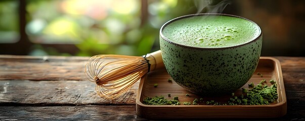 A serene matcha latte with a swirling green froth on a bamboo tray with a whisk