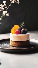 Vegan dessert cake with fruit toppings on a dark plate  