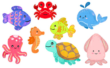 set collection of funny Cute hand drawn save the sea ocean beach animals character creatures in pastel colors character doodle illustration kids summer season clipart crayon watercolour sticker design
