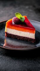 Creamy layered cheesecake slice with fruit topping on black plate  