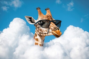 Whimsical giraffe in sunglasses emerging from clouds