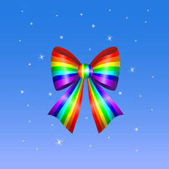 Bright Rainbow Ribbon Bow Isolated on Blue