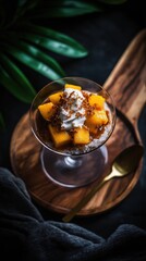 Tropical mango sticky rice parfait in clear glass on wooden platter  