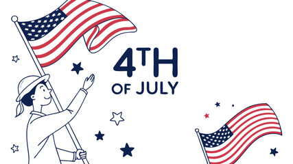 Clean 4th of July greeting with modern text, fluttering flags, and scattered stars