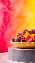 Vibrant berry tart with fresh fruit on a gray pedestal against colorful background  