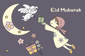 Whimsical scene A glowing fairy-child releasing a sparkly cartoon lamb into starlight. The lamb transforms into floating gift boxes raining dates and flowers. Tiny angels in hijabs giggle while catchi