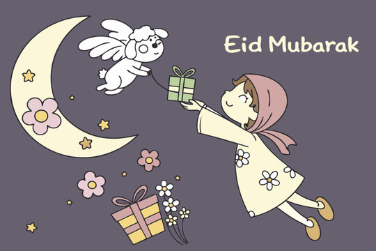 Whimsical scene A glowing fairy-child releasing a sparkly cartoon lamb into starlight. The lamb transforms into floating gift boxes raining dates and flowers. Tiny angels in hijabs giggle while catchi - Powered by Adobe
