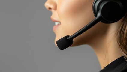A smiling Asian call center agent, dressed formally and equipped with a headset, enthusiastically advertises a job opportunity in a vacant area