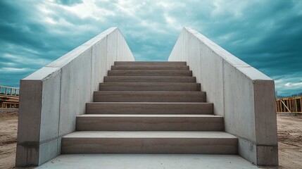 A striking view of a modern concrete staircase leading upwards, set against a dramatic sky with clouds, symbolizing progress, ambition, and architectural beauty.