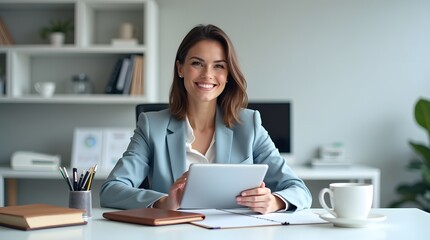 A confident young Caucasian woman in a light blue suit smiles while holding a tablet, sitting in her bright, modern office.