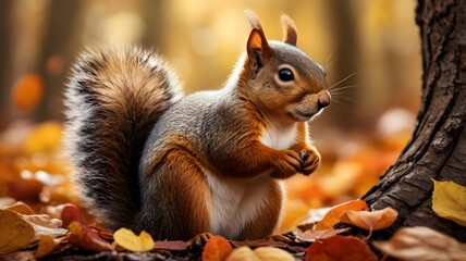 Obraz premium Curious Squirrel in Cozy Autumn Forest