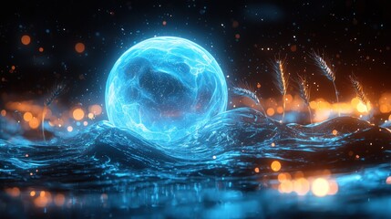Glowing Orb Rising From Ocean Waves with Bokeh and Wheat Stalks