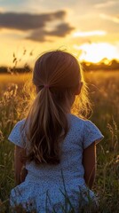 A serene sunset casts a golden glow over a young girl sitting quietly in a field, reflecting on nature's beauty and simplicity amidst the tall, swaying grass.