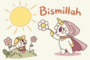 Whimsical illustration A heroic fluffy lamb with a mini golden horn and cape, gently high-fiving a grateful chibi child. Background Shining sun with 'Bismillah' in bubbly Arabic letters, floating dais