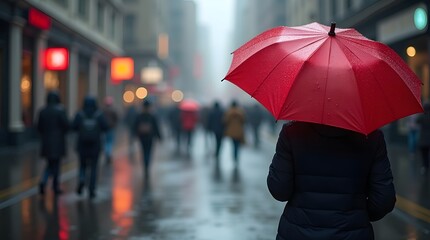 Obraz premium A person with a red umbrella stands in the rain among blurred pedestrians, evoking a cozy yet vibrant urban atmosphere.