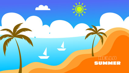 Fototapeta na wymiar Summer Vacation Palm Trees, Beach, Ocean, Sun, Sailboats